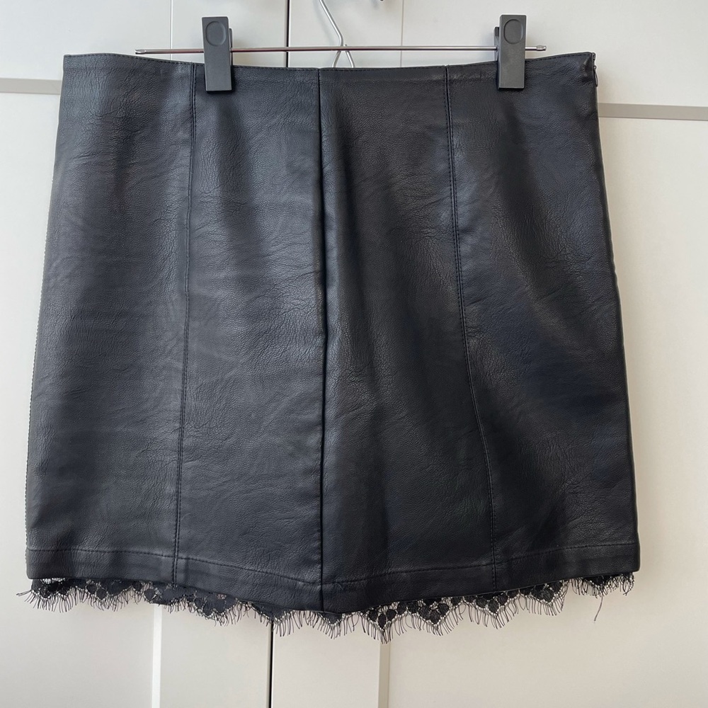 Black Leather Skirt with Lace Trim